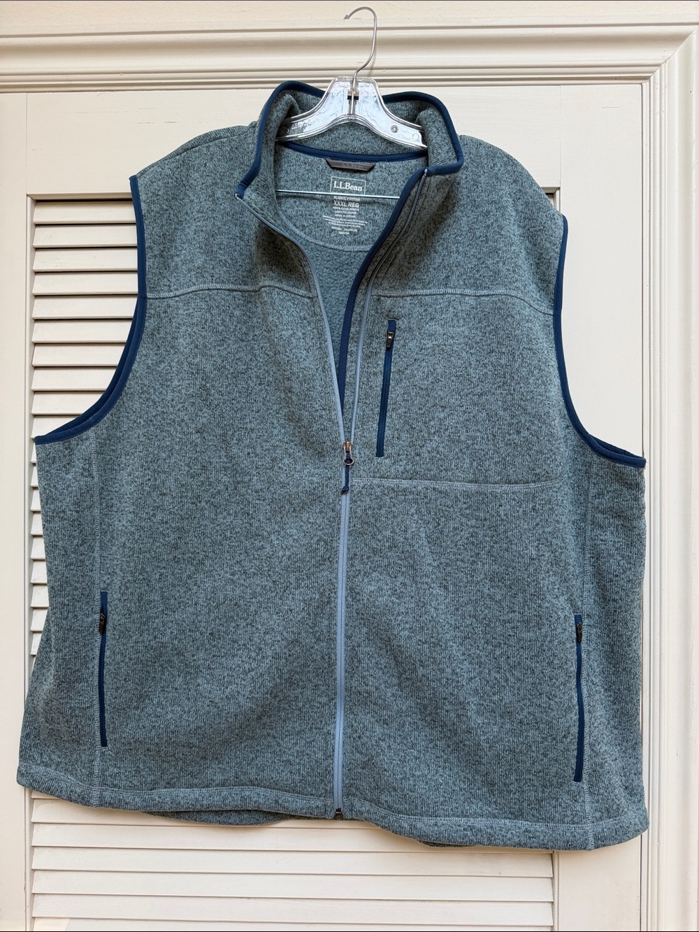 L.L. Bean Men's Heather Gray Fleece Zip-Up Vest with Navy Trim